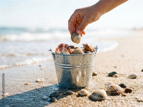 A person's hand carefully places a small seashell into a metal bucket filled with various shells on a sunny beach.