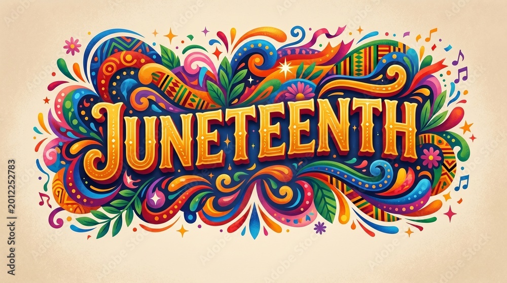 Fototapeta premium Juneteenth celebration colorful text with fireworks