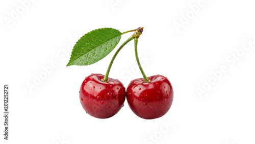 Fresh Red Cherries with Green Leaf Isolated on Transparent Background