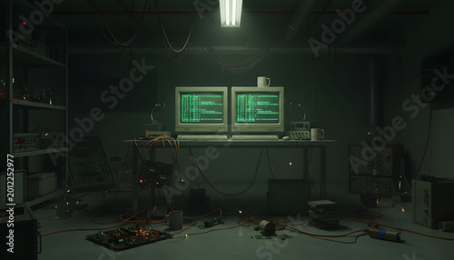 Basement workstation with vintage computers displaying green code