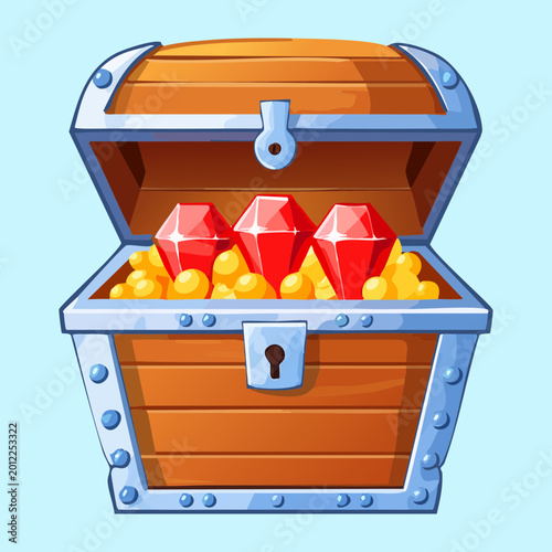 Quadro su tela Wooden treasure chest filled with glowing red ruby gemstones luxury loot box rew