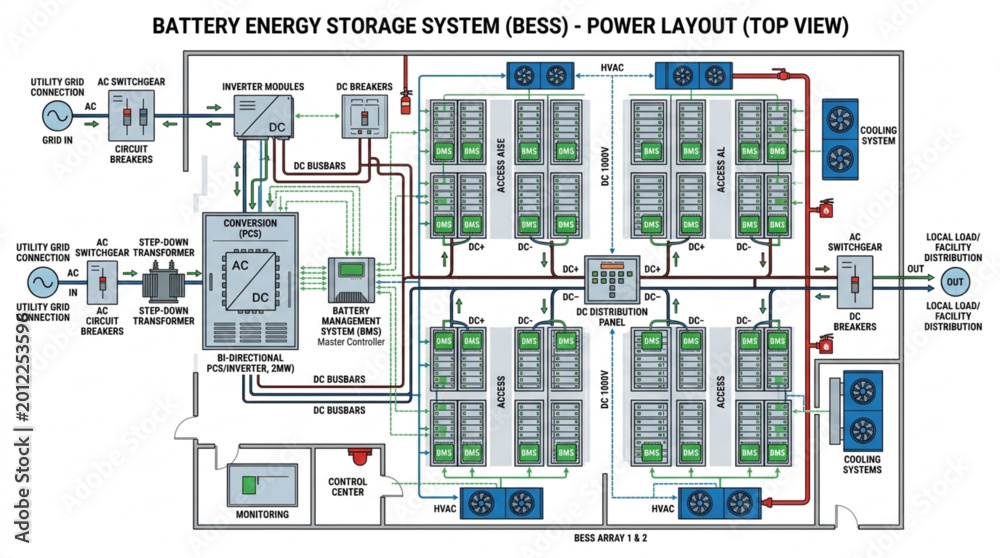 Obraz premium Battery Energy Storage System Diagram Top View.