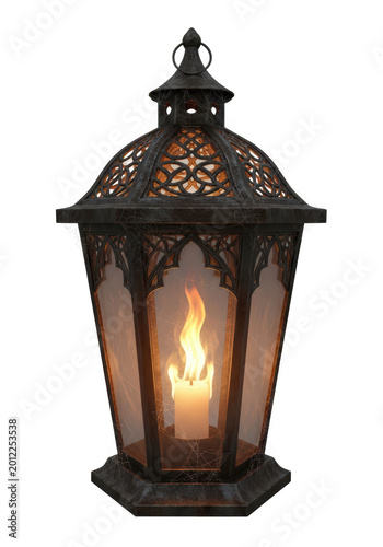 Decorative metal lantern with flame.