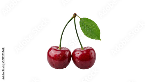 Fresh Red Cherries with Green Leaf Isolated on Transparent Background