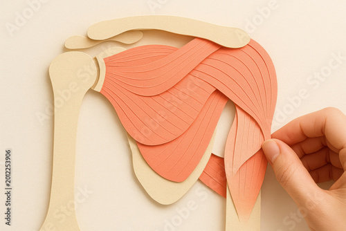Paper craft of human shoulder joint anatomy. hand lifts coral muscle layer revealing bone structure. creative medical and science education concept