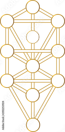 Foto Kabbalistic Tree of Life in gold, with 11 Sephirot (Daat), sacred geometry, 3D circles and lines; a mystical, golden, sophisticated, esoteric, and spiritual design on a transparent background