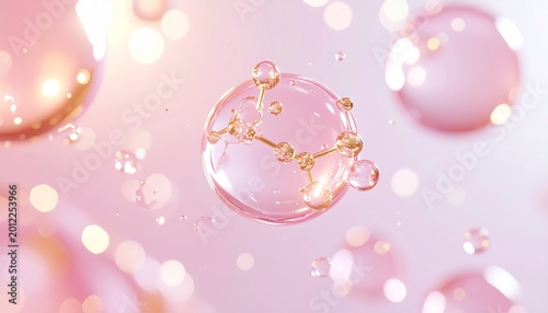 Tapety artystyczne ナイアシンアミド美容液をイメージした透明ピンクカプセルとゴールド粒子が浮遊する高級スキンケア背景 ジェネレーティブAI