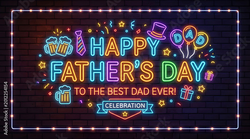 Father's Day Greeting Card Design with Shiny Neon Text on a Brick Wall Background. Vector Illustration for Celebrating the Best Dad. Perfect Template for Postcards, Banners, Flyers, or Posters.