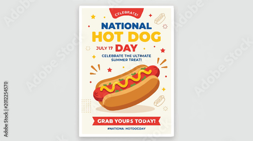 National Hot Dog Day poster, hot dog illustration, food celebration, American culture