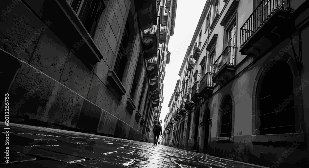 Naklejka premium Black and white photo of a narrow wet cobblestone street between tall buildings.
