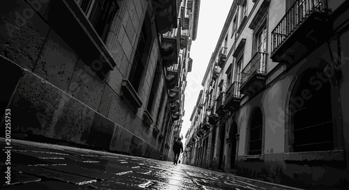 Bild auf Leinwand Black and white photo of a narrow wet cobblestone street between tall buildings