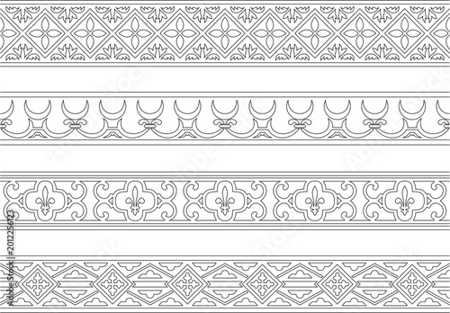 Vector set of black contour seamless classic renaissance ornament. Endless european border, revival style frame
