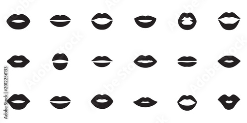 Foto Set of black lips icons, collection of mouth symbols on white background, different lip shapes and expressions, vector illustration
