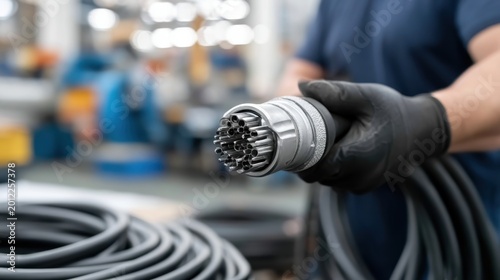 Close-up of gloved hand holding large industrial electrical cable with multiple metal conductor wires in modern factory or workshop environment