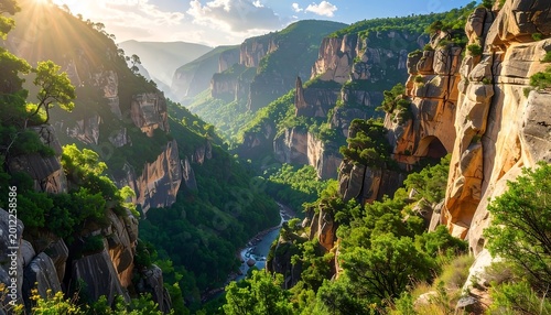 A scenic vista of a deep canyon carved by a river, with lush greenery lining the walls and sunlight beaming down
