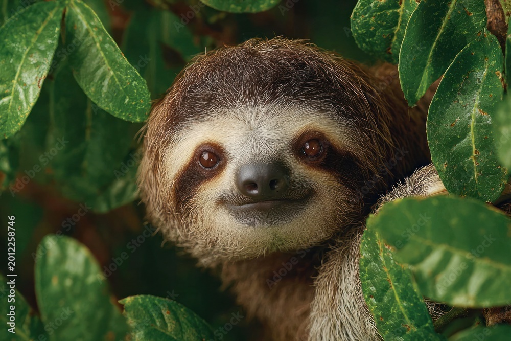 Fototapeta premium Adorable tree sloth nestled among lush green leaves