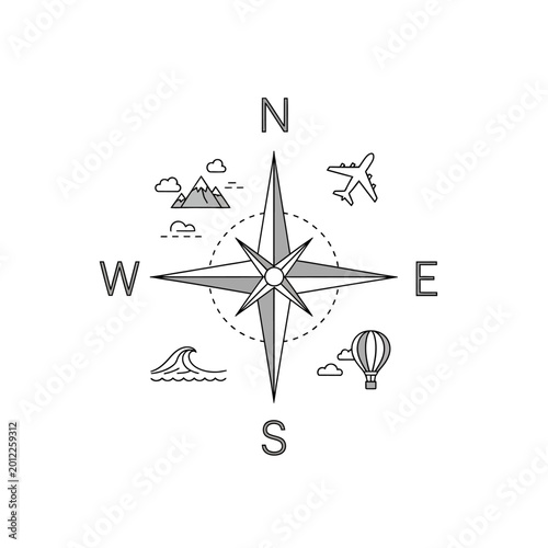 Compass Rose with Travel Icons and Cardinal Directions.