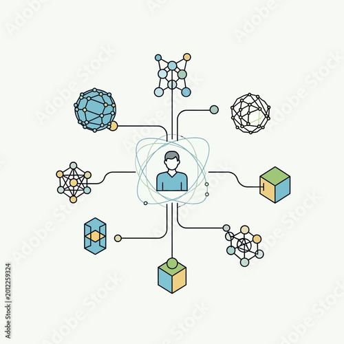 Centralized Human Figure Connected to Diverse Abstract Geometric Shapes.