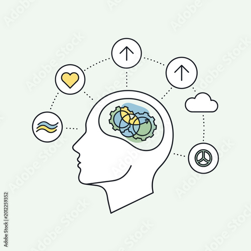 Human head silhouette with abstract brain gears and thought process icons.