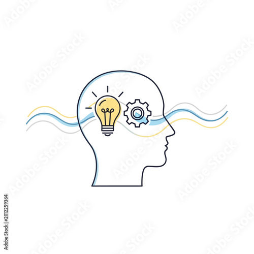 Human Head Silhouette with Lightbulb and Gear Symbolizing Ideas.