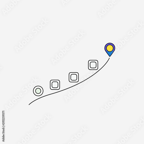 Conceptual illustration of a journey with milestones and a destination marker.