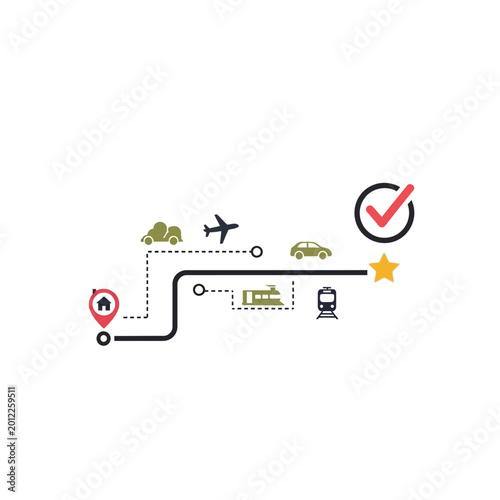 Travel route with different modes of transport and destination marker.