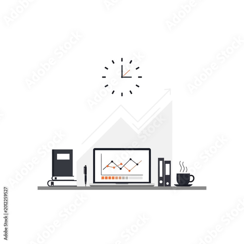 Desk with Laptop and Clock Showing Business Growth.