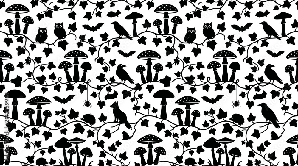Obraz premium Seamless pattern of black mushroom silhouettes forming a dense woodland motif.