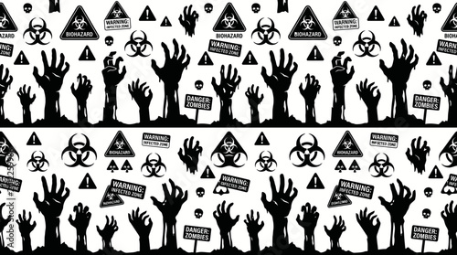Cuadro en lienzo Repeating silhouette pattern of raised hands and protest symbols in black and white