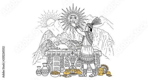 Bild auf Leinwand Inca Priest Offers Sacrifice to the Sun God Inti at Ancient Altar