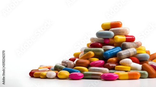A vibrant stack of assorted pills and capsules on a white background, illustrating the diversity of medications and their vivid colors.