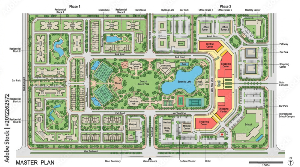 Obraz premium Master Plan Cityscape Aerial View with Buildings and Green Spaces.