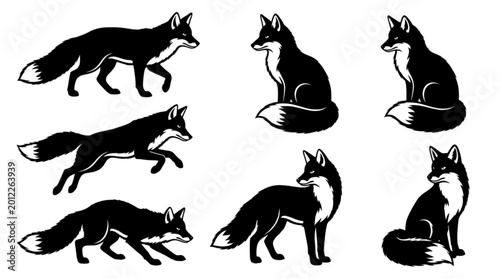 Tableau sur toile Black and white fox illustrations.