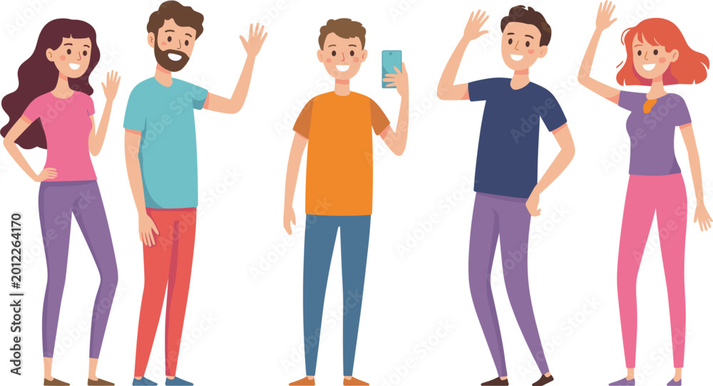 Fototapeta premium Friendly people waving set, casual characters greeting illustration, diverse young adults saying hello and communicating