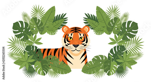 Canvas Print Cute Tiger Peeking Through Lush Tropical Jungle Leaves