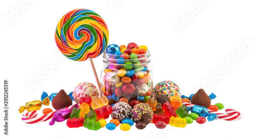 colorful lollipop and assorted candies scattered with transparent background isolated on transparent background
