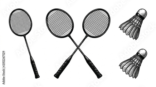 Photos Badminton rackets and shuttlecocks on display.