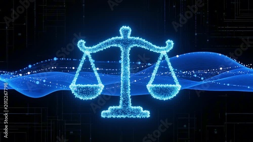 Glowing blue particle balance scale symbolizing AI ethics, featuring flowing data waves and a dark high-tech digital network background.