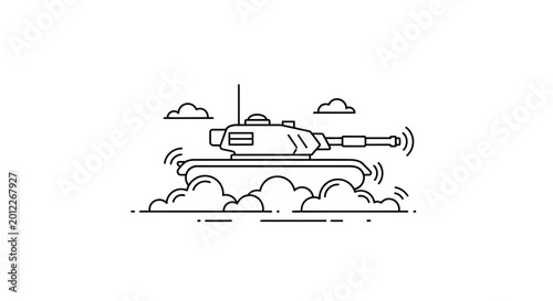 Modern Tank Silhouette Moving Through Clouds - Military Vehicle Line Art Icon