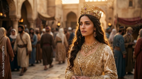 Esther depicted in her royal attire among various biblical characters.