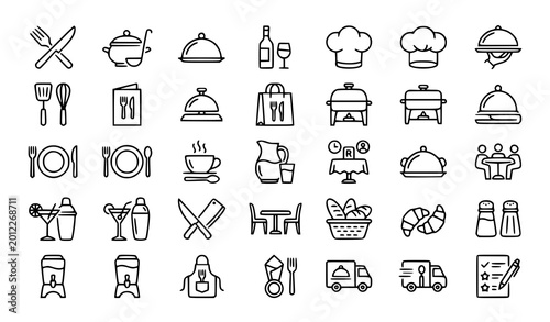 Fotografía Restaurant and catering outline icons editable line stroke vector set