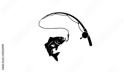 Fishing black silhouette icon vector with fish and rod symbol isolated on white background