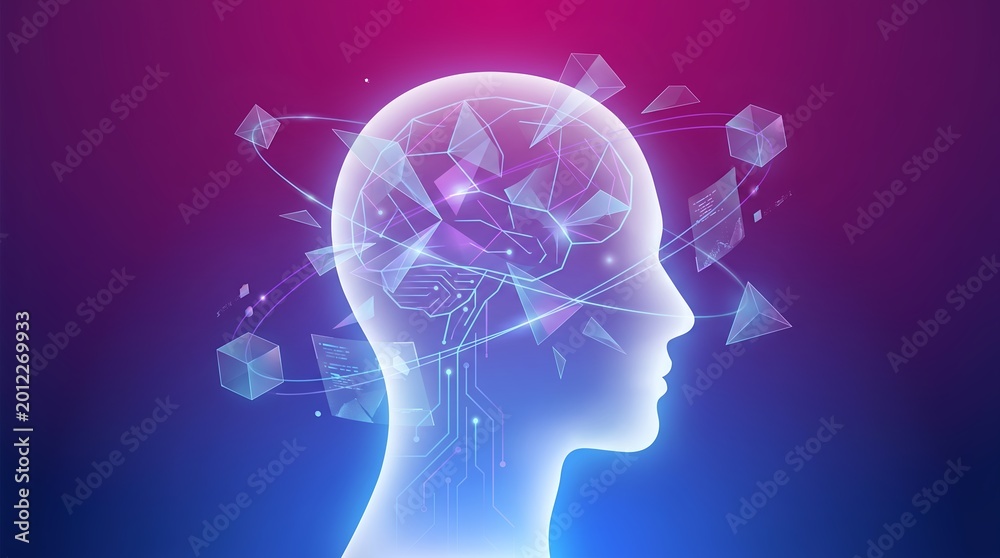 Obraz premium Abstract illustration of human head with digital data network and geometric shapes.