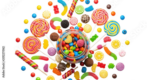 colorful assorted candies and lollipops in glass jar isolated on transparent background
