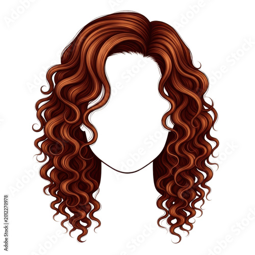 voluminous auburn curly hair wig with natural waves isolated on transparent background
