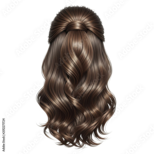 elegant long wavy brunette hair bun with loose strands isolated on transparent background
