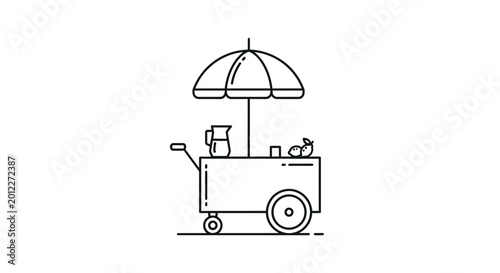 Street food cart with umbrella, drinks, and fruit, minimalist line art icon