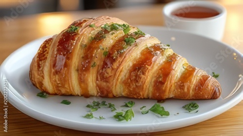 A Golden Croissant Glazed with Savory Sauce and Garnished with Fresh Herbs on a White Plate