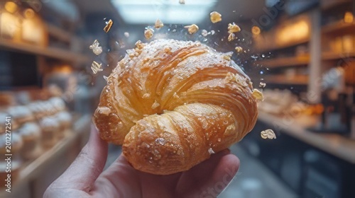 Golden flaky croissant with sugar topping being held, scattered crumbs in the air