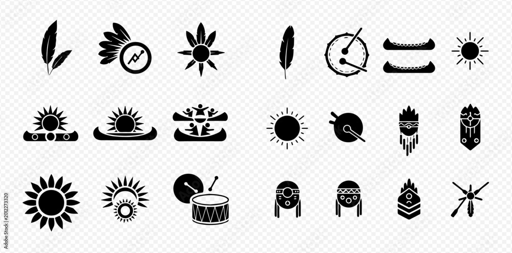 Fototapeta premium Collection of Native American and Indigenous Culture Icons in Black and White.